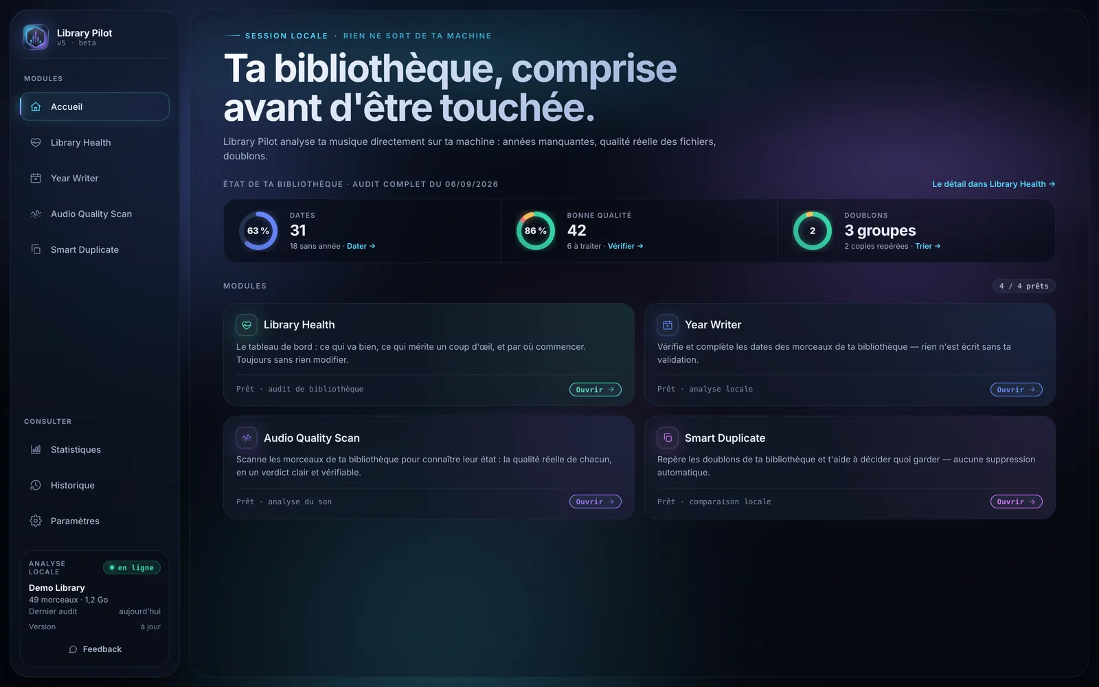Library Pilot, écran d'accueil : l'état de la bibliothèque et les quatre modules